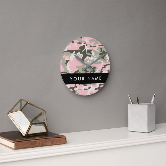 Relógio Redondo Camuflagem Rosa e Verde Personalize seu nome (Escritório)