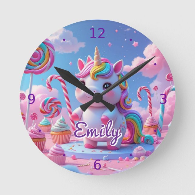 Relógio Redondo Candy Unicorn Wall Clock - Nome Editável (Frente)