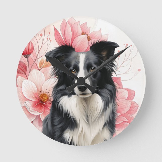 Relógio Redondo Cão Border Collie e Lírios Rosa Ousados (Frente)