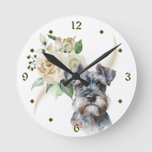 Relógio Redondo Cão-Buquê branco-rosa-miniatura Schnauzer
