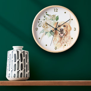 Relógio Redondo Cão Buquê de Retriever Ouro Rosa Branco