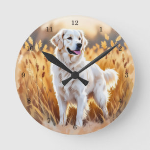 Relógio Redondo Cão Retriever Dourado Branco