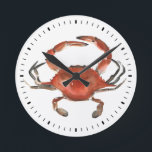 Relógio Redondo Caranguejo Aquarela - Vermelho<br><div class="desc">"Watercolor Crab" de Emma Scarvey. Apresenta um caranguejo-d-água vermelho sobre fundo branco.</div>