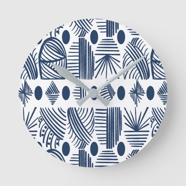 Relógio Redondo Caribe Tribal Mudcloth: Branco, Marinho Azul (Frente)