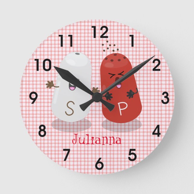 Relógio Redondo Caricatura de couve-salgada e pimenta (Frente)