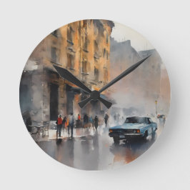 Relógio Redondo Carro Azul Vintage na paisagem urbana florida