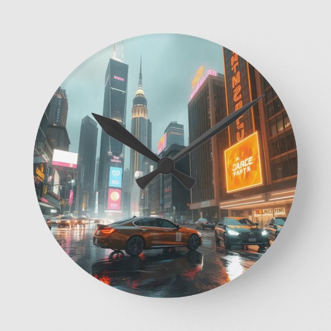 Relógio Redondo Carros da cidade de arranha-céu Cyberpunk (Frente)