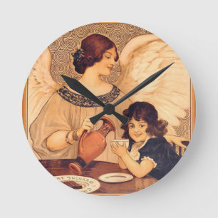 Relógio Redondo Cartaz Antigo do Anjo do Chocolate Francês: Arte V