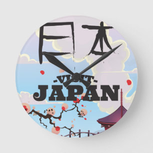Relógio Redondo Cartaz de viagem retrô Visite o Japão.