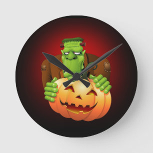 Relógio Redondo Cartoon Frankenstein Monster com Pumpkin