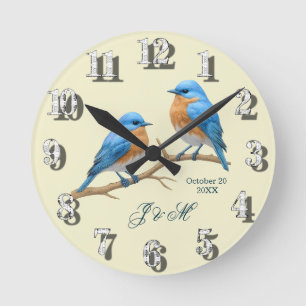 Relógio Redondo Casamento de Ivory Pastel Lovebird Romântico Blueb