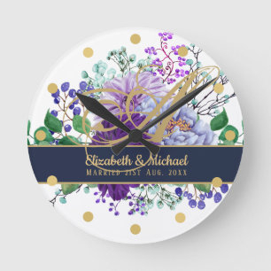 Relógio Redondo Casamento de recém-casados Dourados Florais Roxo M
