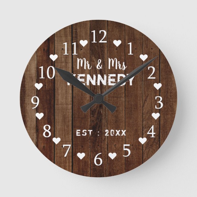 Relógio Redondo Casamento Rustic Barn Wood Plank (Frente)