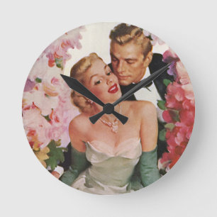 Relógio Redondo Casamento vintage, Noiva retrô e Newlyweds em Gro