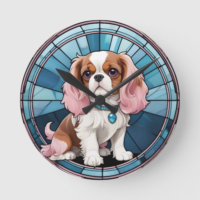 Relógio Redondo Cavalier Cute King Charles Pastel StainGlass (Frente)