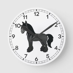 Relógio Redondo Cavalo de desenho animado Black Gypsy Vanner Clyde