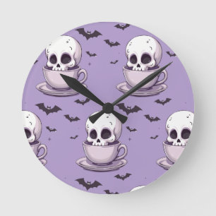 Relógio Redondo Caveira Pastel Goth em Xícara de Chá