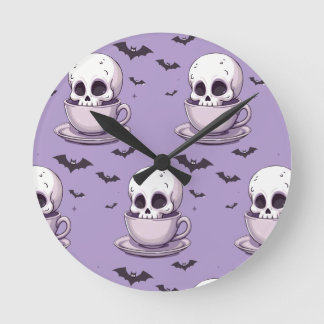 Relógio Redondo Caveira Pastel Goth em Xícara de Chá
