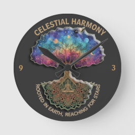 Relógio Redondo Celestial Harmony Tree - Cosmic Meditation Mandala