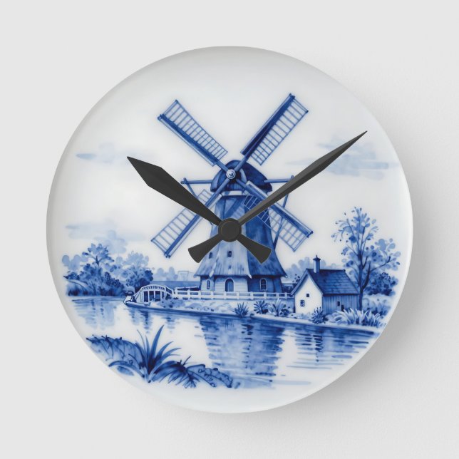 Relógio Redondo Cena Clássica do Moinho de Vento em Delft Azul (Frente)