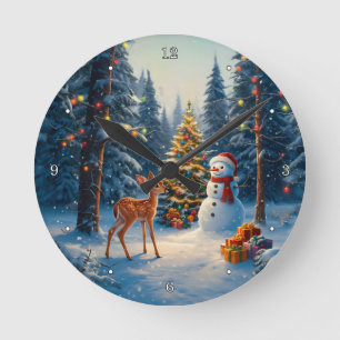 Relógio Redondo Cena da Árvore de Natal Fofo Deer Fawn Snowman