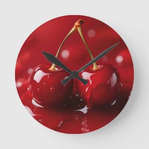 Relógio Redondo Cerejas Lustrosas Fantasia de Xarope Vermelho