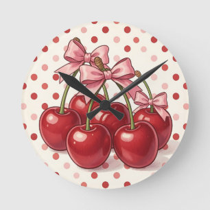Relógio Redondo Cerejas Vermelhas Doces Laços Rosa Pontos Polka Re