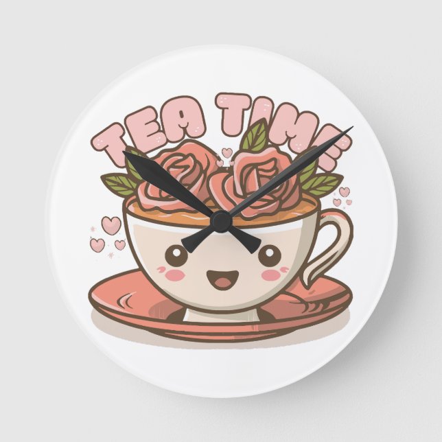 Relógio Redondo Chá Hora Rosa Chá Kawaii (Frente)