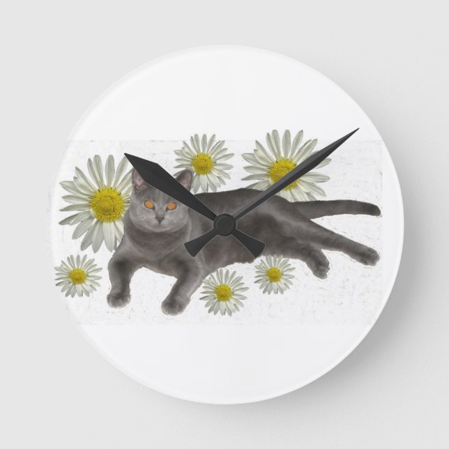 Relógio Redondo Chartreux Cat com Daisies (Frente)