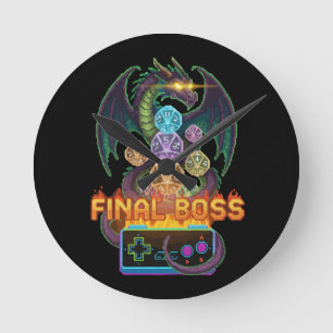 Relógio Redondo Chefe Final Retrô Dragão & Dados   Pixel TTRPG Gam