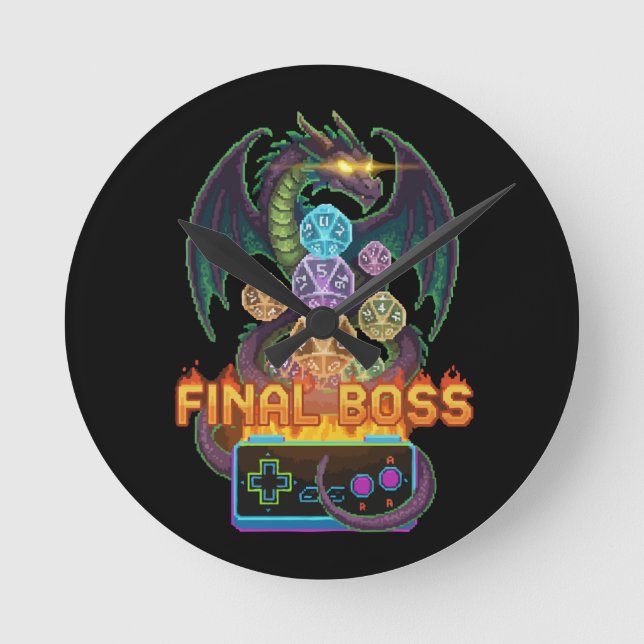 Relógio Redondo Chefe Final Retrô Dragão & Dados | Pixel TTRPG Gam (Frente)