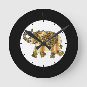 Relógio Redondo Chic Dourado Paisley Floral Elephant,