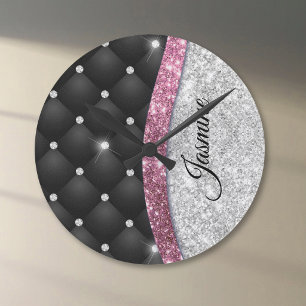 Relógio Redondo Chic girly faux Silver glitter black pink monogram