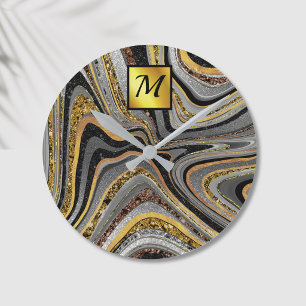 Relógio Redondo Chic Sparkle Glitter marble art grey gold monogram