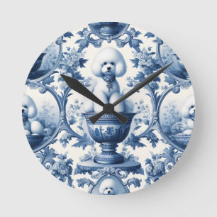 Relógio Redondo Chinoiserie azul & branco Bichon Frise Clock