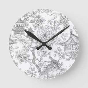 Relógio Redondo Chinoiserie Toile Dragão Flor de Cerejeira Ornamen