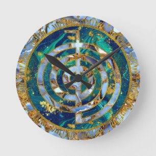 Relógio Redondo Choku Rei Symbol in Mandala on Marble and Gold
