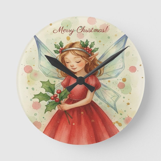 Relógio Redondo Christmas Fairy Watercolor Art Holiday (Frente)