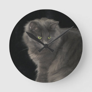 Relógio Redondo Cinza Cabelo Longo Cabelo Azul Russo Gatinho Gatin