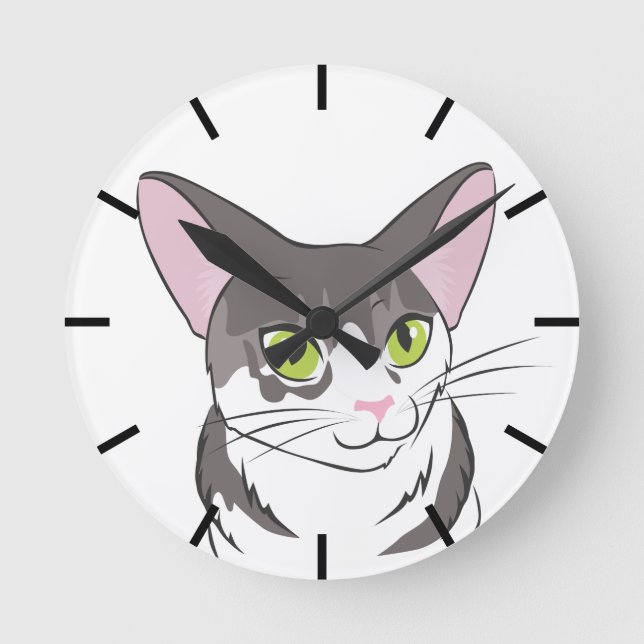 Relógio Redondo Cinza e Gato Branco (Frente)