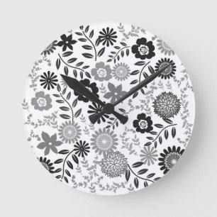 Relógio Redondo Cinza e padrão negro floral