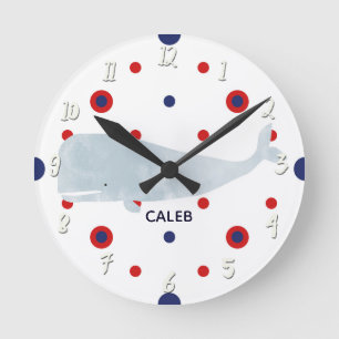 Relógio Redondo Cinza Náutica Cor da Água Baleia Vermelha Nome Azu