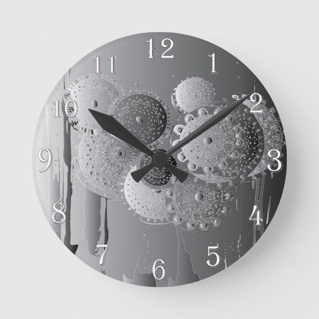 Relógio Redondo Cinza Steampunk Mandala Floral com Números Brancos (Frente)