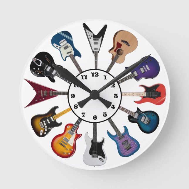 Relógio Redondo Círculo de Guitarra Elétrica Branco (Frente)