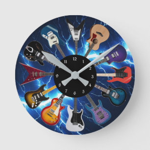 Relógio Redondo Círculo de Guitarra Elétrica Relâmpago Azul
