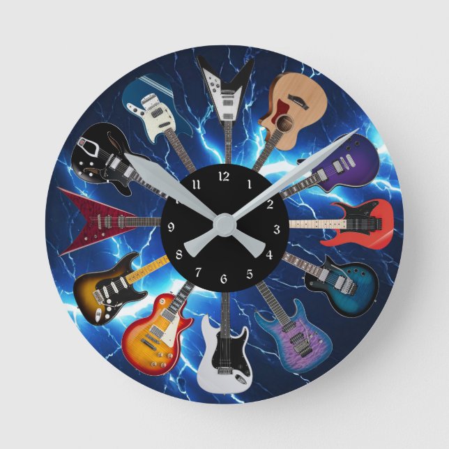 Relógio Redondo Círculo de Guitarra Elétrica Relâmpago Azul (Frente)