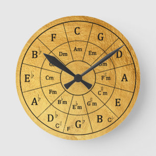 Relógio Redondo Círculo Musical Dourado Elegante dos Quintos para 