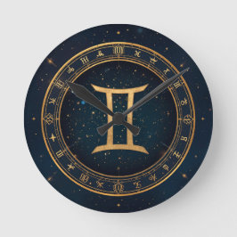 Relógio Redondo Círculo Zodiacal Gêmeos Dourados Com Noite Estrela