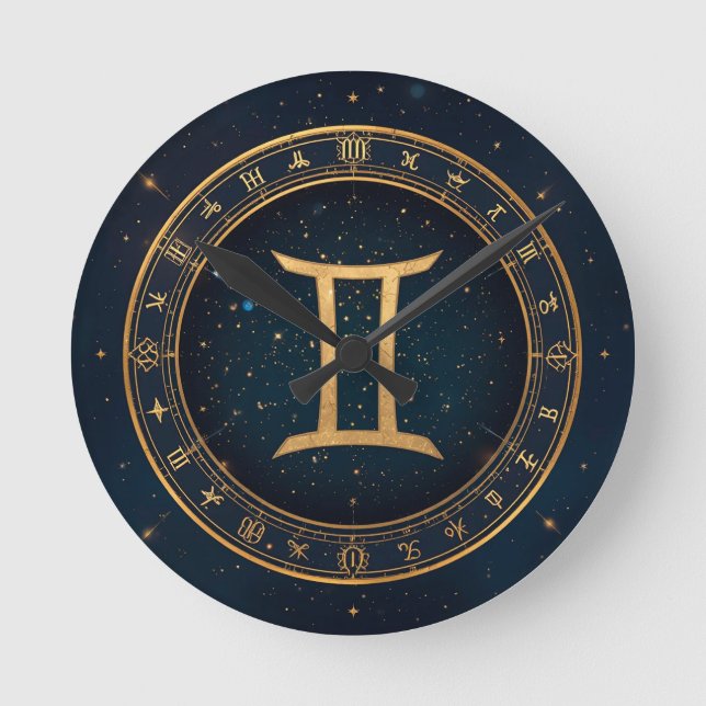 Relógio Redondo Círculo Zodiacal Gêmeos Dourados Com Noite Estrela (Frente)