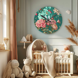 Relógio Redondo Clássico Romântico Monograma Floral em Teal e Rosa